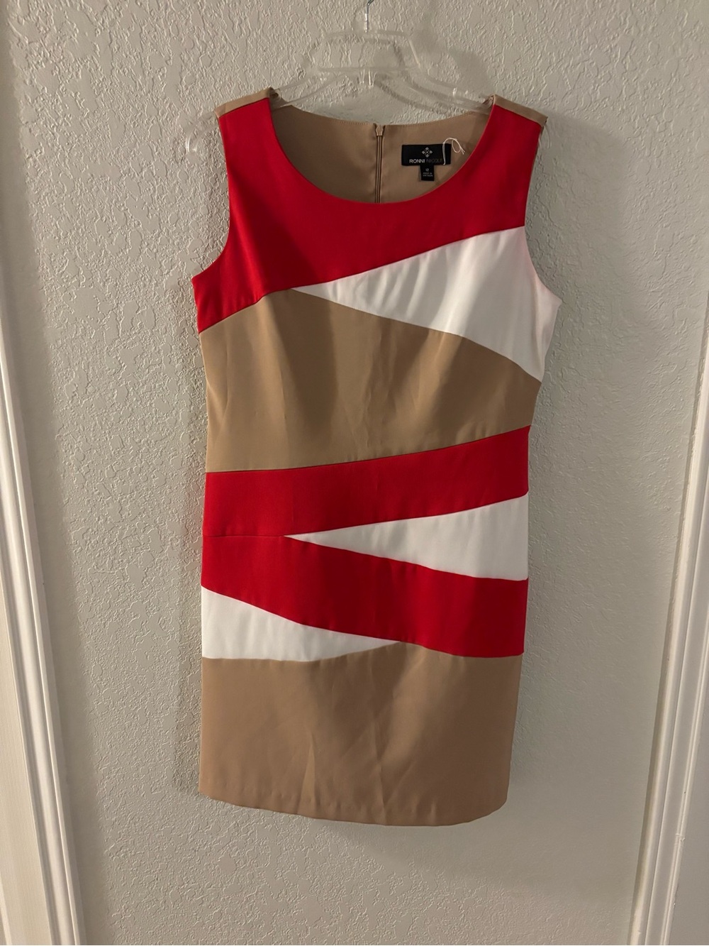 Ronnie Nicole Red, White & Tan Colorblock Sheath Dress 12